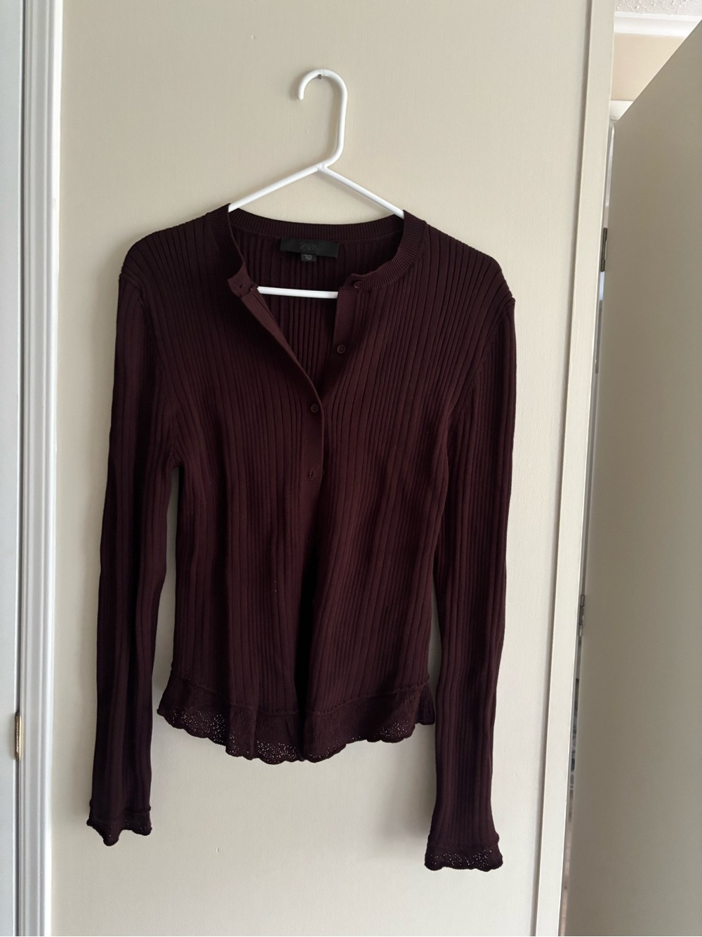 Zara Ribbed Knit Button Up Cardigan w/ Lace Trim